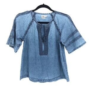 Faherty Blouse Top Sz S Organic Cotton Shirt Blue Pintuck Tassel Embroiderd Boho